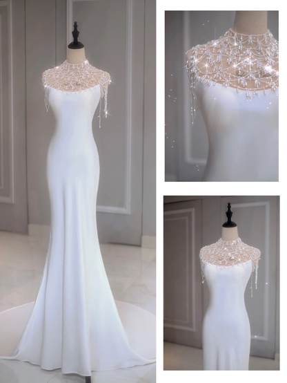 Elegant Mermaid Spaghetti Straps White Satin Long Backless Wedding Dress With Beads Summer Brides Dress A035