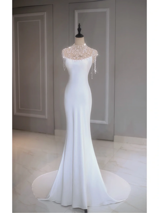 Elegant Mermaid Spaghetti Straps White Satin Long Backless Wedding Dress With Beads Summer Brides Dress A035