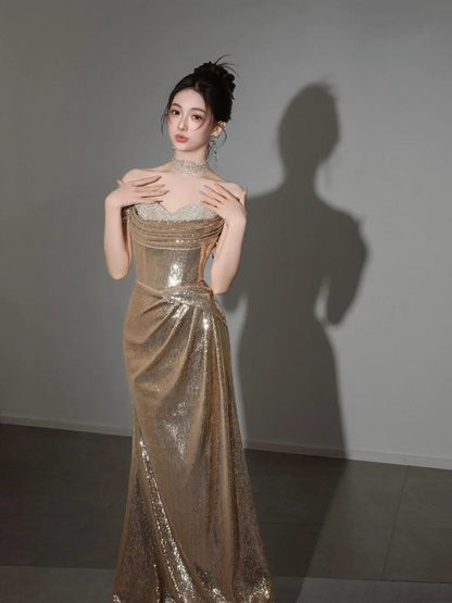 Vintage Mermaid Off The Shoulder Gold Sequin Short Sleeves Prom Dress Inspiration Long Prom Dresses A044