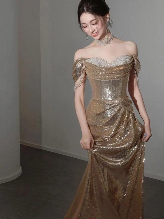 Vintage Mermaid Off The Shoulder Gold Sequin Short Sleeves Prom Dress Inspiration Long Prom Dresses A044