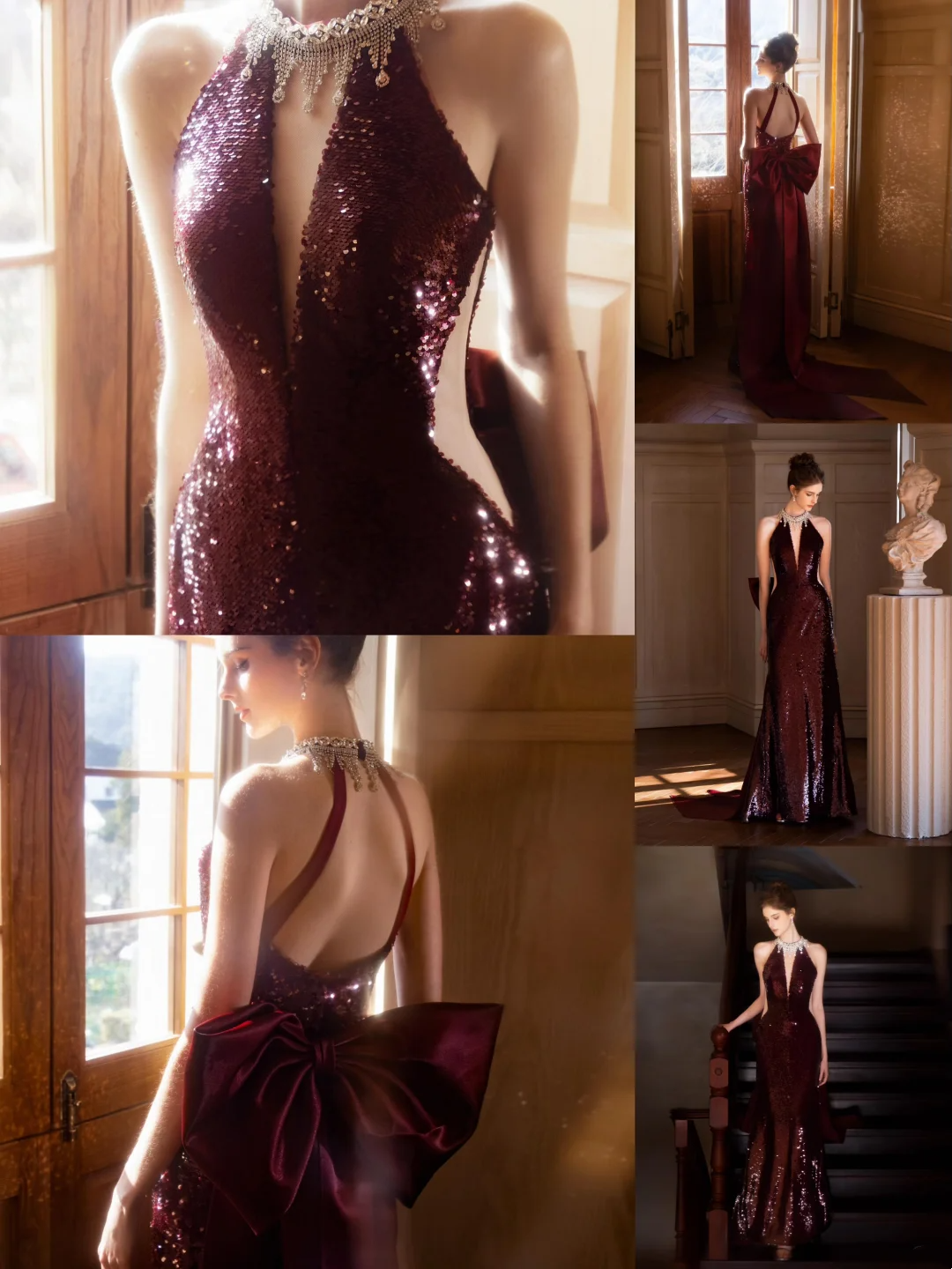 Vintage Meerjungfrau Neckholder Burgund Pailletten Ärmellos Bodenlangen Ballkleid Inspiration Lange Ballkleider A046