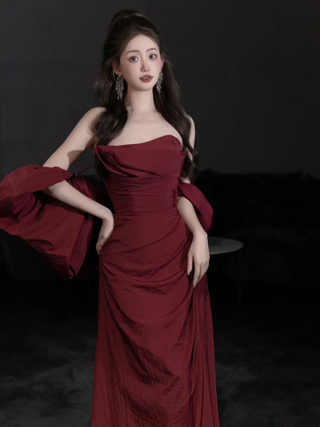 Vintage Mermaid Strapless Burgundy Satin With Cape Floor Length Prom Dress Inspiration Long Prom Dresses A047