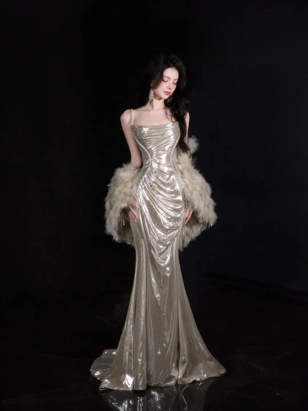 Vintage Meerjungfrau Spaghettiträger Champagner Pailletten Ohne Umhang Bodenlangen Ballkleid Inspiration Lange Ballkleider A048
