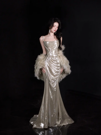 Vintage Meerjungfrau Spaghettiträger Champagner Pailletten Ohne Umhang Bodenlangen Ballkleid Inspiration Lange Ballkleider A048