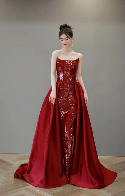 Vintage Mermaid Strapless Red Sequin With Train Floor Length Prom Dress Inspiration Long Sequin Prom Dresses A050