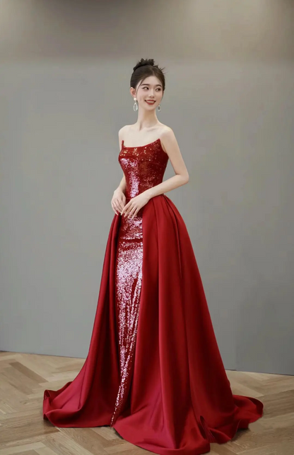 Vintage Mermaid Strapless Red Sequin With Train Floor Length Prom Dress Inspiration Long Sequin Prom Dresses A050