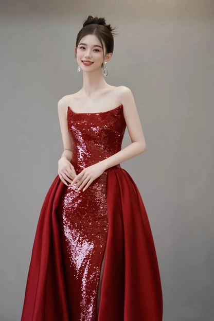Vintage Mermaid Strapless Red Sequin With Train Floor Length Prom Dress Inspiration Long Sequin Prom Dresses A050