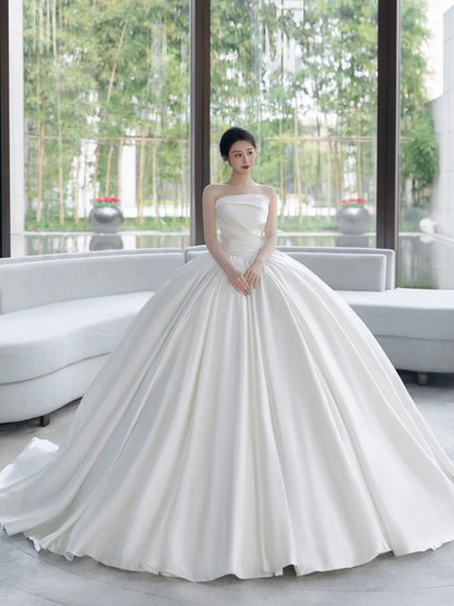 Timeless Ball Gown Strapless White Pleated Long Satin Wedding Dress Beautiful Formal Cute Wedding Dresses A051