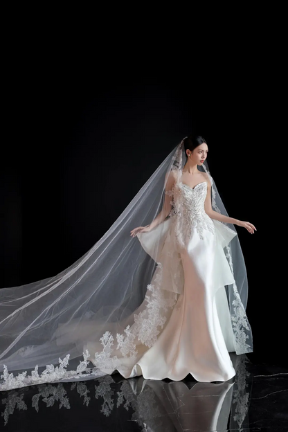 Unique Mermaid White Satin Sweetheart Long Wedding Dress Lace Brides Wedding Dresses A052