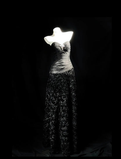 Vintage Prom Dresses 90s A line Sweetheart Black Floral Long With Beading Evening Formal Outfits RB5813