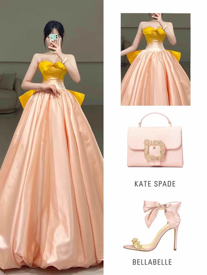 Robe de bal vintage en satin rose, décolleté en cœur, longueur au sol, inspiration robe de bal longue A060