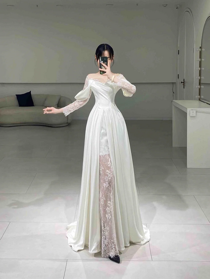 Robe de mariée longue plissée blanche en dentelle, coupe trapèze, épaules dénudées, élégante et élégante, A061