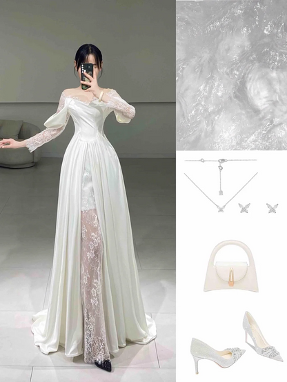 Robe de mariée longue plissée blanche en dentelle, coupe trapèze, épaules dénudées, élégante et élégante, A061