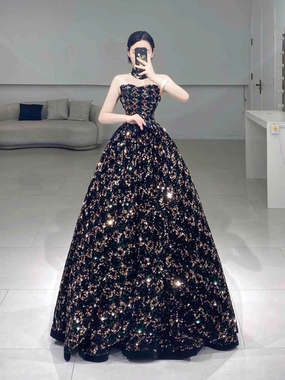 Süßes schwarzes trägerloses Ballkleid mit Pailletten, langes Quinceanera-Kleid, wunderschöne Quinceanera-Kleider, süßes 15. 16. Kleid A062