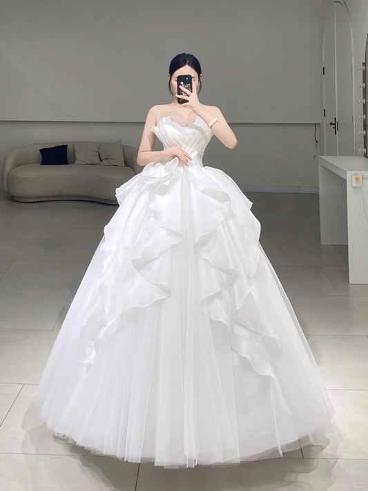 Timeless Ball Gown Strapless White Pleated Long Tulle Wedding Dress Beautiful Formal Cute Wedding Dresses A064