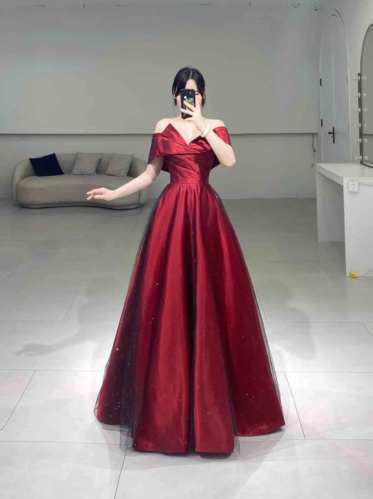 Modest A line Off The Shoulder Burgundy Satin Tulle Short Sleeves Floor Length Prom Dress Inspiration Long Prom Dresses A065