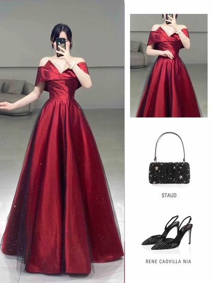 Schlichtes A-Linien-Abendkleid mit schulterfreiem, burgunderfarbenem Satin-Tüll und kurzen Ärmeln, bodenlanges Ballkleid, Inspiration für lange Ballkleider A065