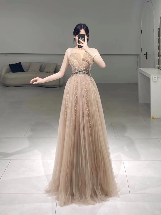 Modest A line Boat Neck Champagne Tulle Sleeveless Floor Length Prom Dress Inspiration Long Prom Dresses A067