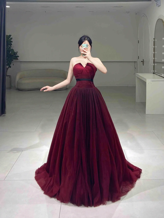Modest A line Strapless Neck Burgundy Tulle Sleeveless Floor Length Prom Dress Inspiration Long Prom Dresses A069