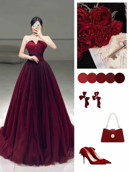 Modest A line Strapless Neck Burgundy Tulle Sleeveless Floor Length Prom Dress Inspiration Long Prom Dresses A069