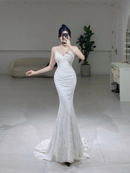 Timeless Mermaid Spaghetti Straps White Lace Long Wedding Dress Beautiful Formal Cute Wedding Dresses A072