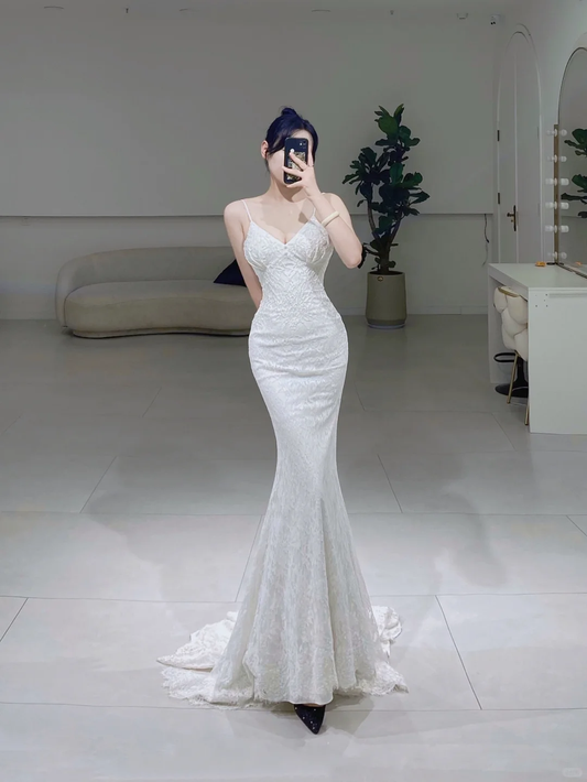 Timeless Mermaid Spaghetti Straps White Lace Long Wedding Dress Beautiful Formal Cute Wedding Dresses A072