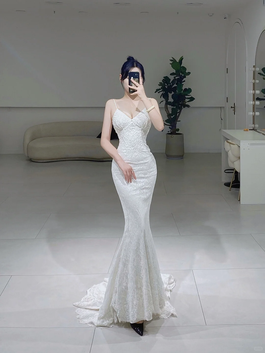 Timeless Mermaid Spaghetti Straps White Lace Long Wedding Dress Beautiful Formal Cute Wedding Dresses A072