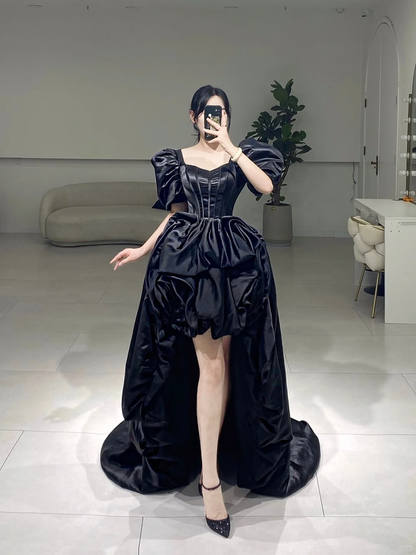 Modest High Low Sweetheart Short Sleeves Black Satin Pleated Floor Length Prom Dress Inspiration Long Prom Dresses A073