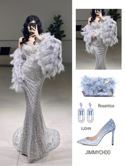 Robe de bal sirène intemporelle à paillettes argentées et décolleté en cœur, inspiration longue et sexy, A075