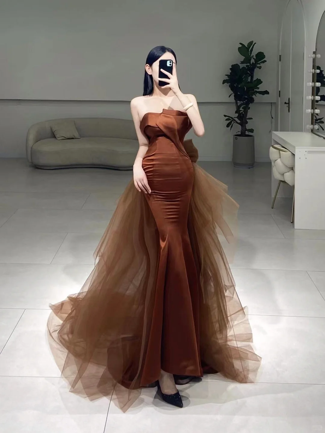 Timeless Mermaid Strapless Brown Satin Prom Dress Inspiration Long Sexy Prom Dresses A079