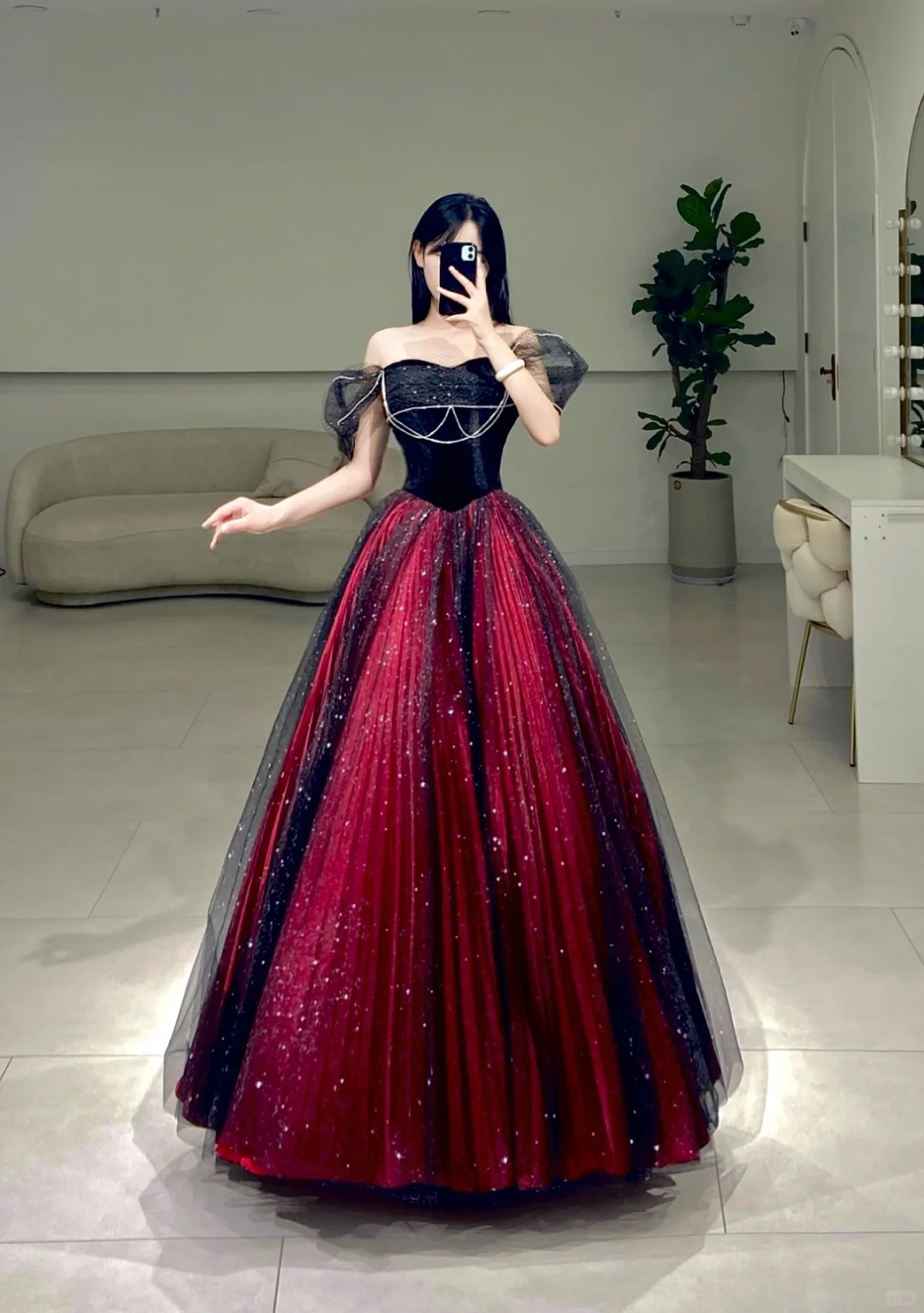 Robe de bal élégante à épaules dénudées en tulle rouge et noir, robe de bal longue et sexy, inspiration A081