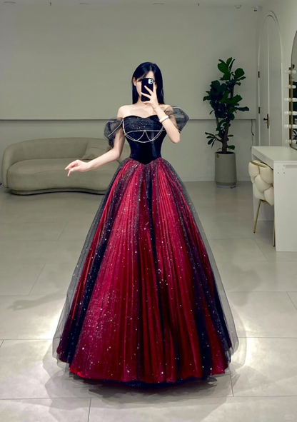 Robe de bal élégante à épaules dénudées en tulle rouge et noir, robe de bal longue et sexy, inspiration A081