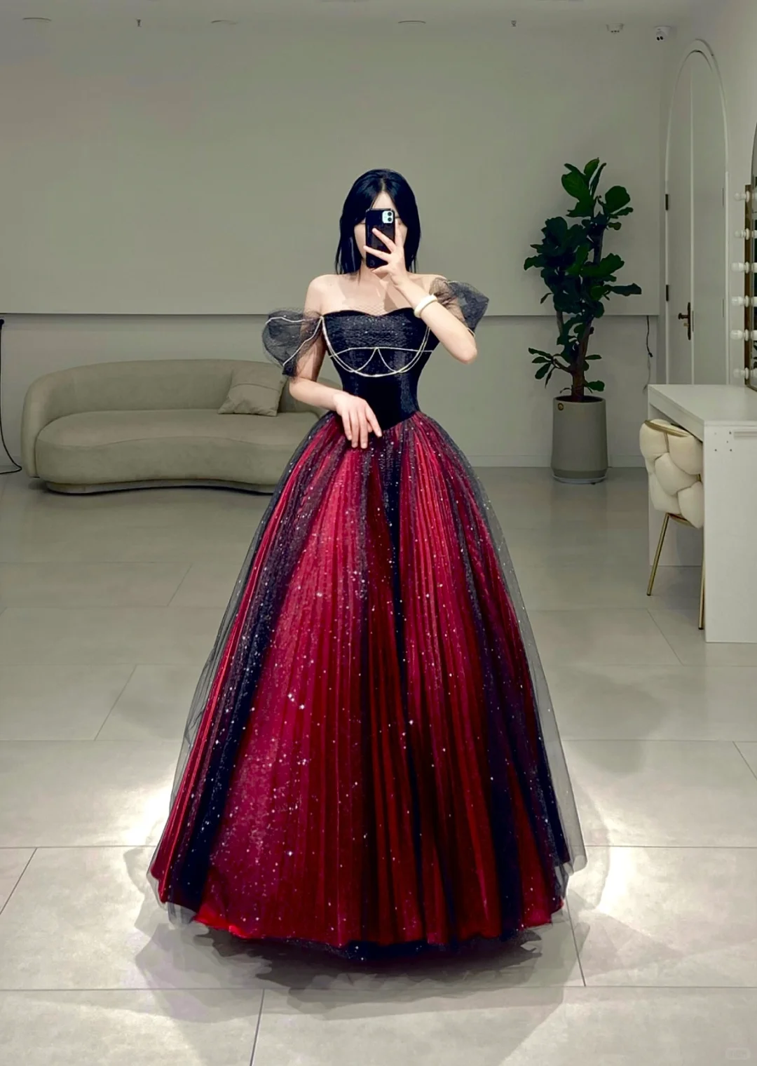Robe de bal élégante à épaules dénudées en tulle rouge et noir, robe de bal longue et sexy, inspiration A081