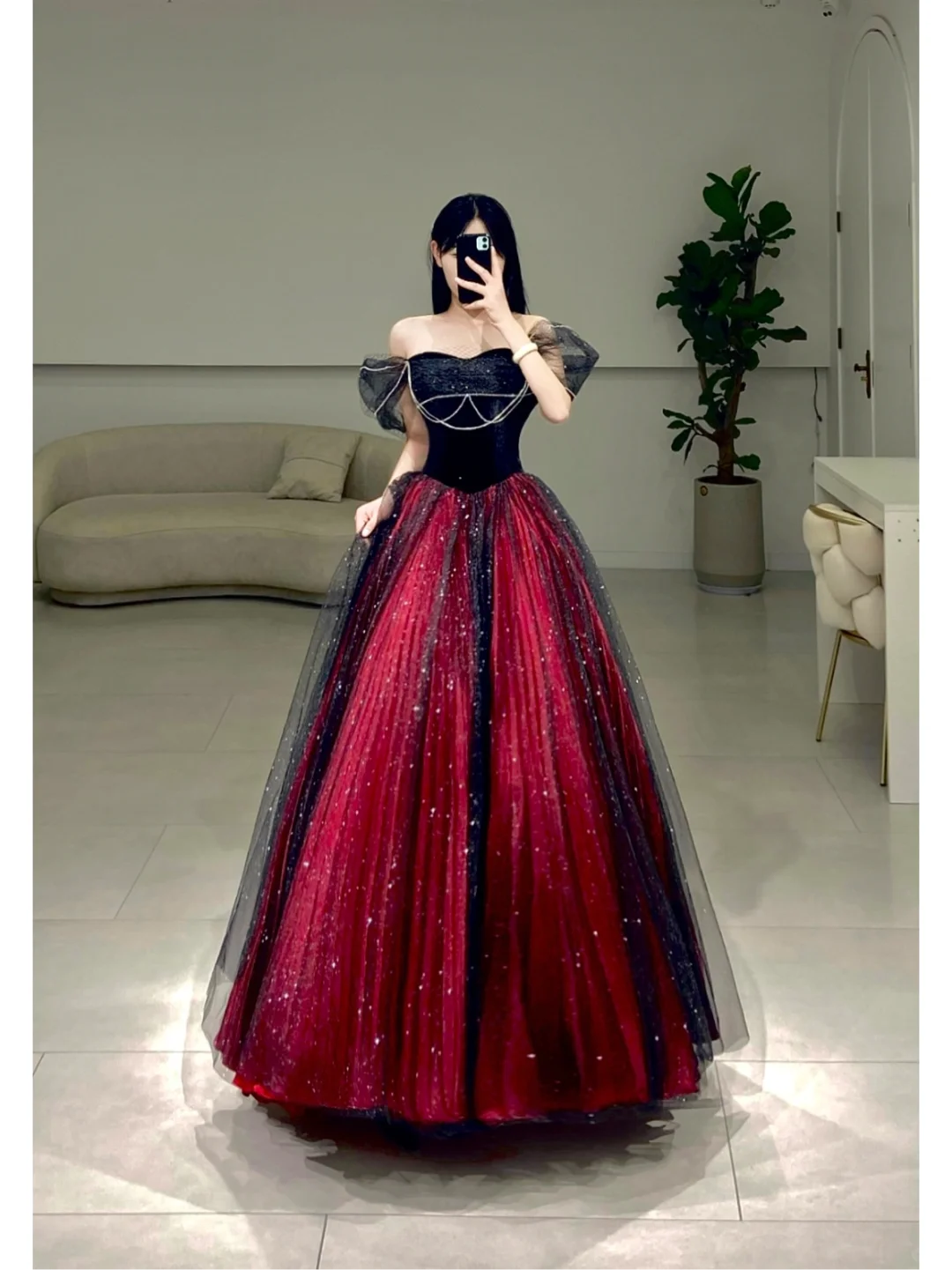 Robe de bal élégante à épaules dénudées en tulle rouge et noir, robe de bal longue et sexy, inspiration A081
