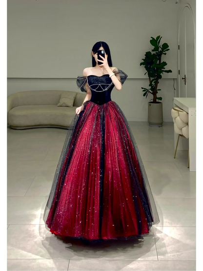 Robe de bal élégante à épaules dénudées en tulle rouge et noir, robe de bal longue et sexy, inspiration A081