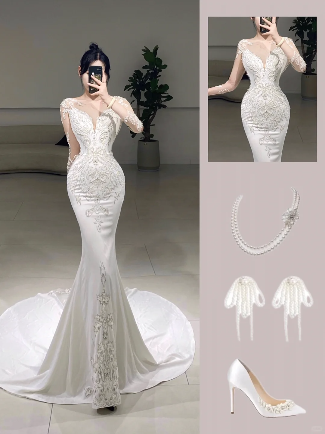 Timeless Mermaid Scoop Neck Long Sleeves White Lace Long Wedding Dress Beautiful Formal Cute Wedding Dresses A082