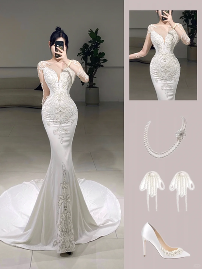 Timeless Mermaid Scoop Neck Long Sleeves White Lace Long Wedding Dress Beautiful Formal Cute Wedding Dresses A082