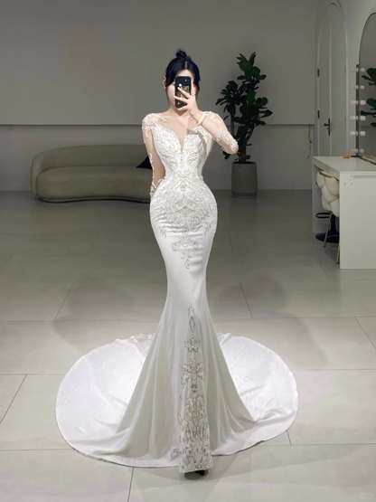 Timeless Mermaid Scoop Neck Long Sleeves White Lace Long Wedding Dress Beautiful Formal Cute Wedding Dresses A082