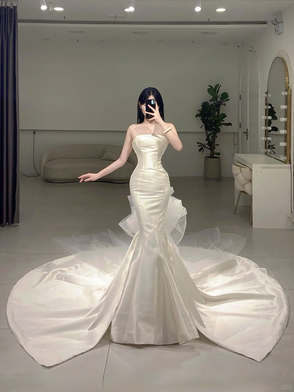 Robe de mariée sirène intemporelle, sans bretelles, col en V, sans manches, longue, en satin blanc, jolie robe de mariée formelle, A083