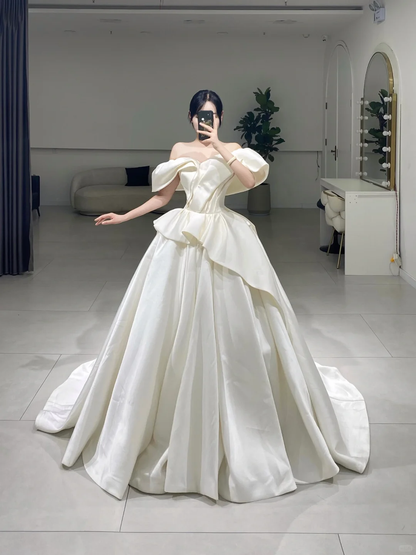 Robe de mariée longue en satin blanc, élégante et élégante, épaules dénudées, A084