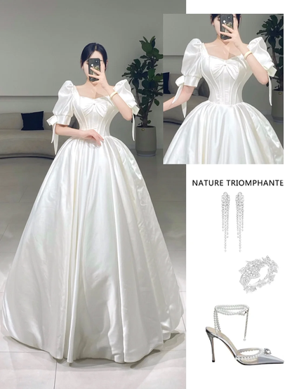 Zeitloses Ballkleid mit quadratischem Ausschnitt, weißem Satin, kurzen Ärmeln, langem Brautkleid, schöne formelle süße Brautkleider A085