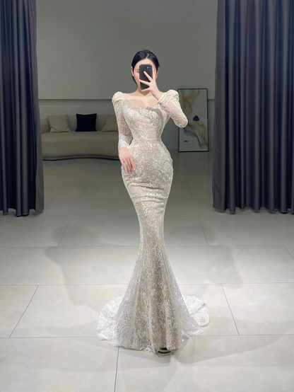 Timeless Mermaid Square Neck White Lace Long Sleeves Long Wedding Dress Beautiful Formal Cute Wedding Dresses A086