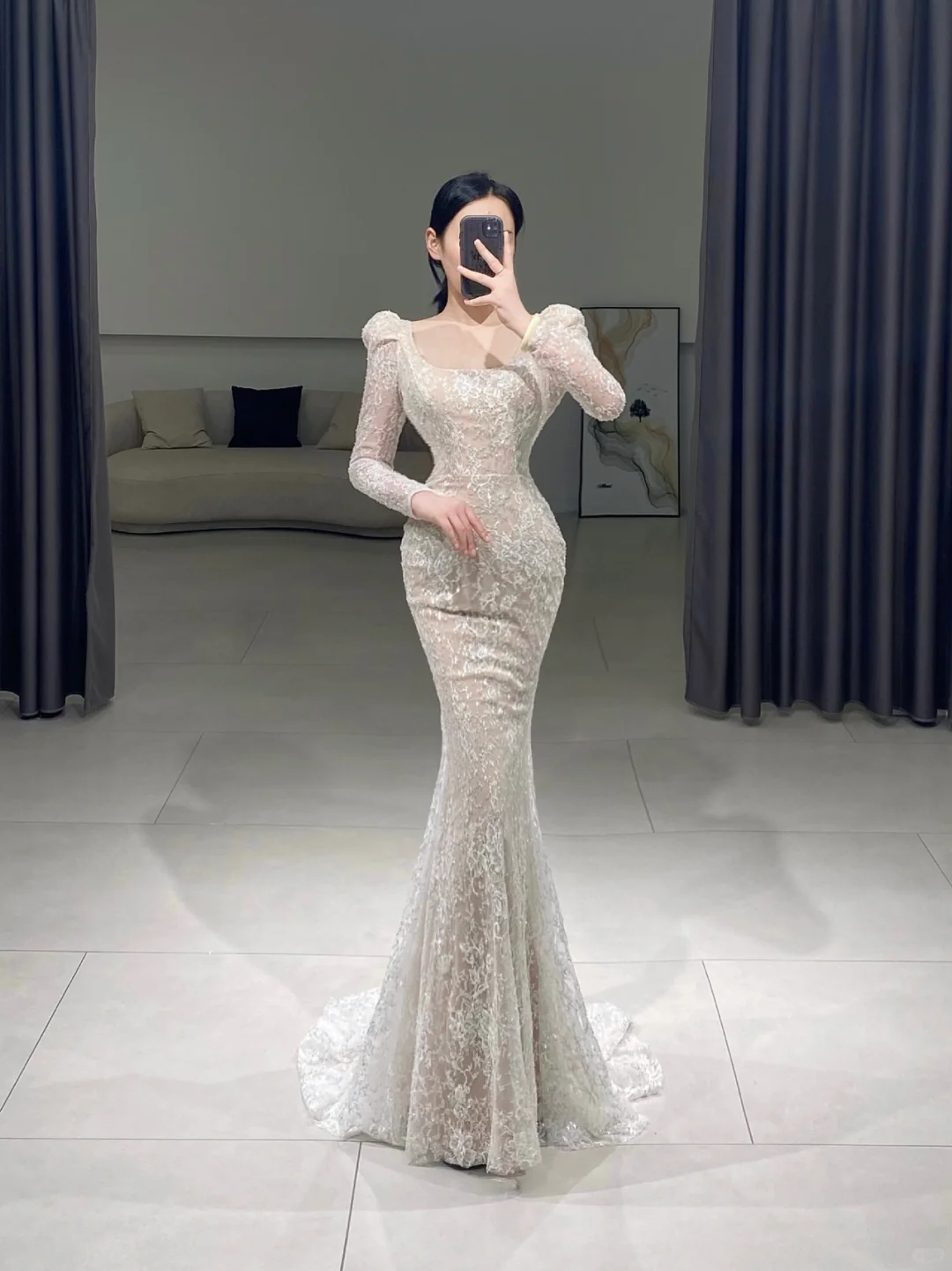 Timeless Mermaid Square Neck White Lace Long Sleeves Long Wedding Dress Beautiful Formal Cute Wedding Dresses A086