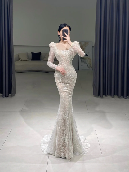 Timeless Mermaid Square Neck White Lace Long Sleeves Long Wedding Dress Beautiful Formal Cute Wedding Dresses A086