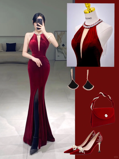 Elegant Mermaid Scoop Burgundy Velvet Slit Pleated Floor Length Prom Dress Inspiration Long Prom Dresses A087