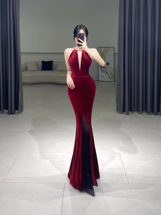 Elegant Mermaid Scoop Burgundy Velvet Slit Pleated Floor Length Prom Dress Inspiration Long Prom Dresses A087