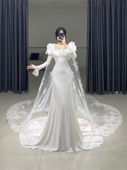 Timeless Mermaid Square Neck White Satin Long Sleeves Wedding Dress Beautiful Formal Cute Wedding Dresses A090