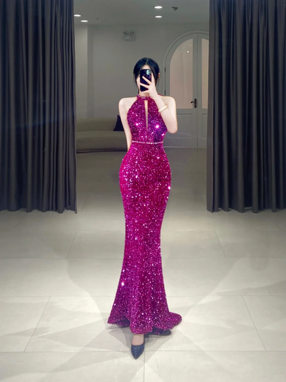 Elegantes Meerjungfrau-Abendkleid mit U-Ausschnitt und Pailletten, glitzernd, plissiert, bodenlang, Inspiration für lange Ballkleider A094