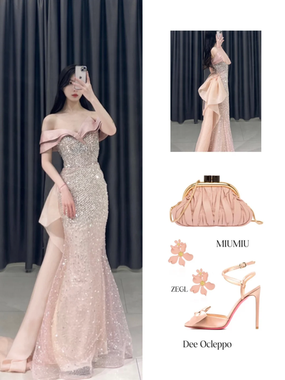 Robe de bal élégante style sirène, épaules dénudées, paillettes roses, plissée, longueur au sol, inspiration robes de bal longues A095