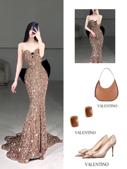 Robe de bal élégante, style sirène, décolleté en cœur, paillettes scintillantes, plissée, longueur au sol, inspiration, robe de bal longue, A096
